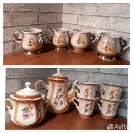 Чайный сервиз, чайные пары, чайник, сливочник,ваза