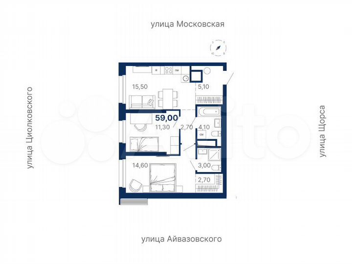 2-к. квартира, 59 м², 7/30 эт.