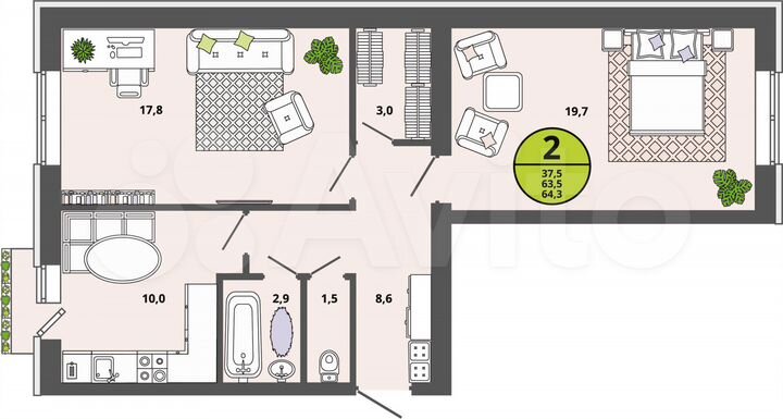 2-к. квартира, 63,5 м², 2/3 эт.