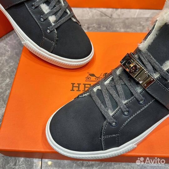 Кроссовки мужские зимние Hermes grey suede