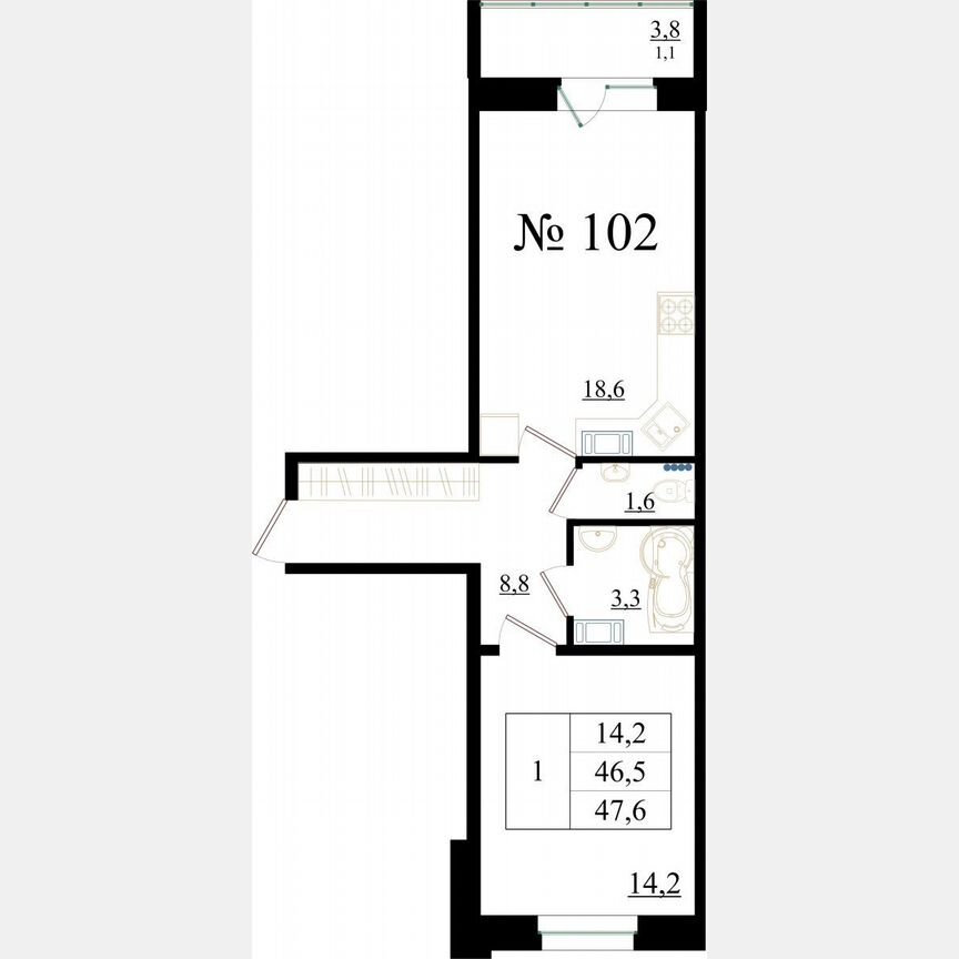 1-к. квартира, 47,6 м², 5/8 эт.
