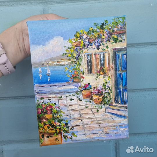 Картина маслом морской пейзаж миниатюра цветы море