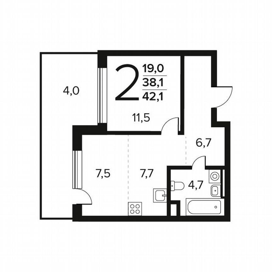 2-к. квартира, 42,1 м², 1/11 эт.