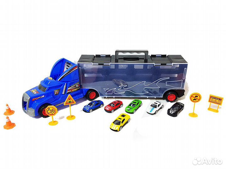 Грузовик-автовоз Hot Wheels, 6 машин + знаки