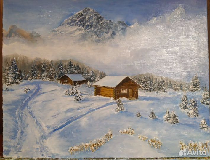 Зима в горах, Лето река, пейзаж, холст, масло