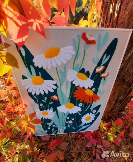 Картина панно ручная ковровая вышивка ромашки