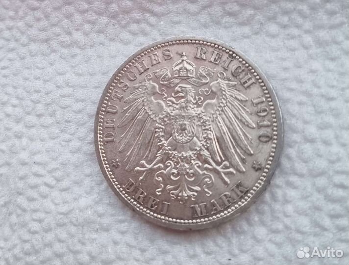 Германия. 3 марки 1910 года. оригинал. серебро