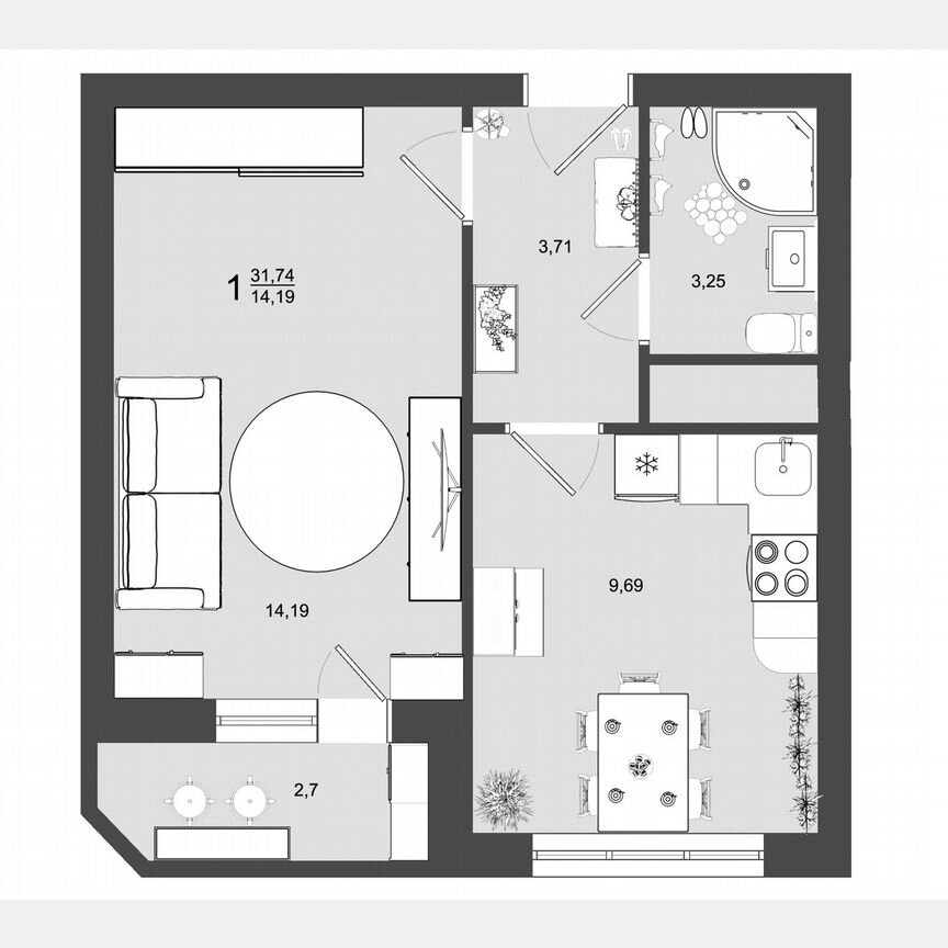1-к. квартира, 31,7 м², 7/9 эт.