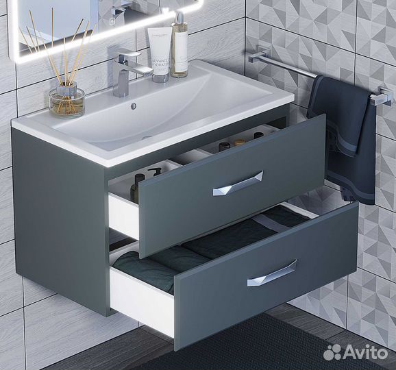 Тумба с раковиной для ванной подвесная, серый графит