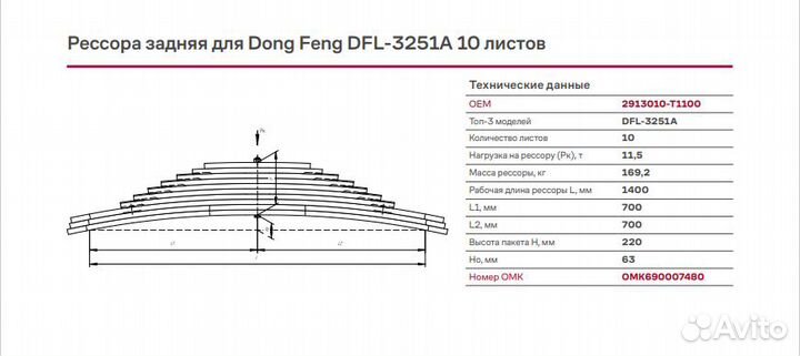 Рессора Dong Feng DFL-3251A задняя 10 листов