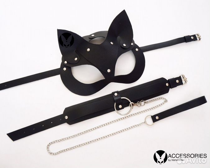 Маска и чокер ошейник из кожи с цепью
