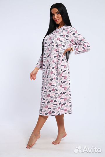 Оптом. Сорочка теплая (футер, листья на розовом) №И-М37-3