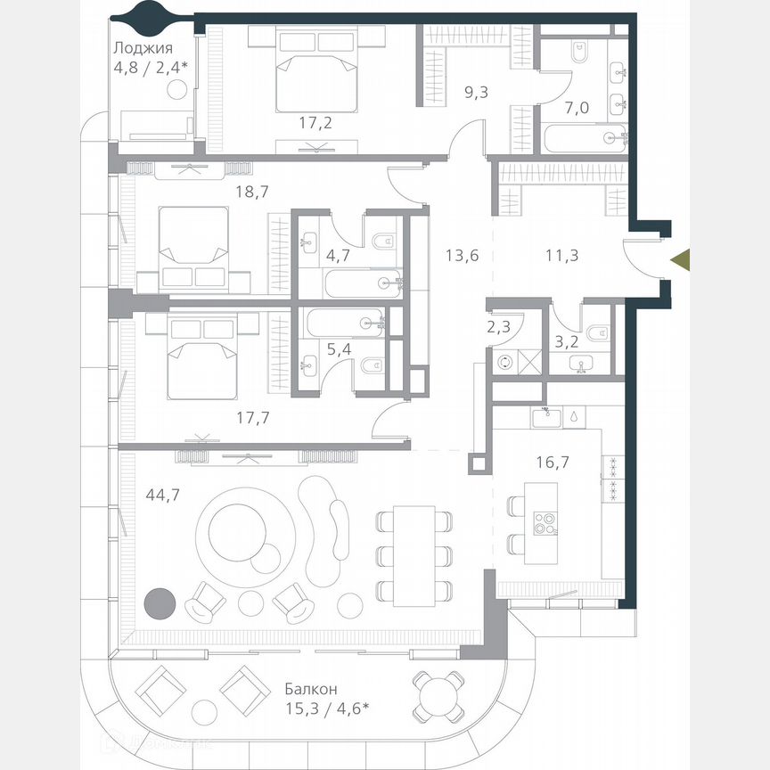 3-к. квартира, 178,8 м², 16/19 эт.