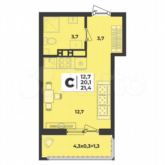 Квартира-студия, 21,4 м², 8/9 эт.