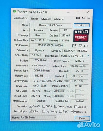 Видеокарта Gigabyte RX580/8Gb