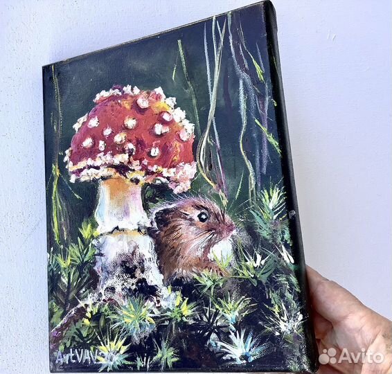 Картина маслом на холсте Мухомор 30х20 см