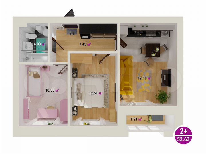 2-к. квартира, 52,6 м², 6/8 эт.