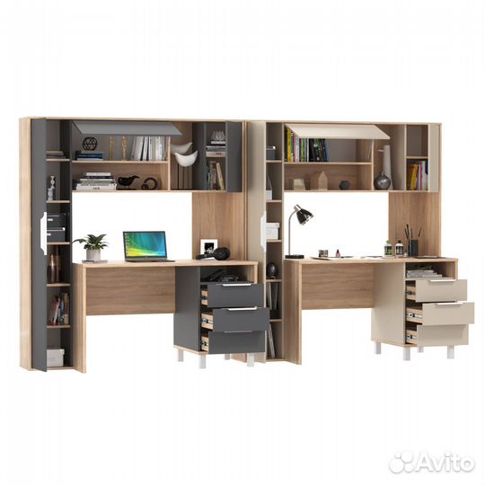 Два компьютерных стола Mobi Комфорт 12.95N цвет дуб сонома/сатин/серый, 324х60,3х180 см