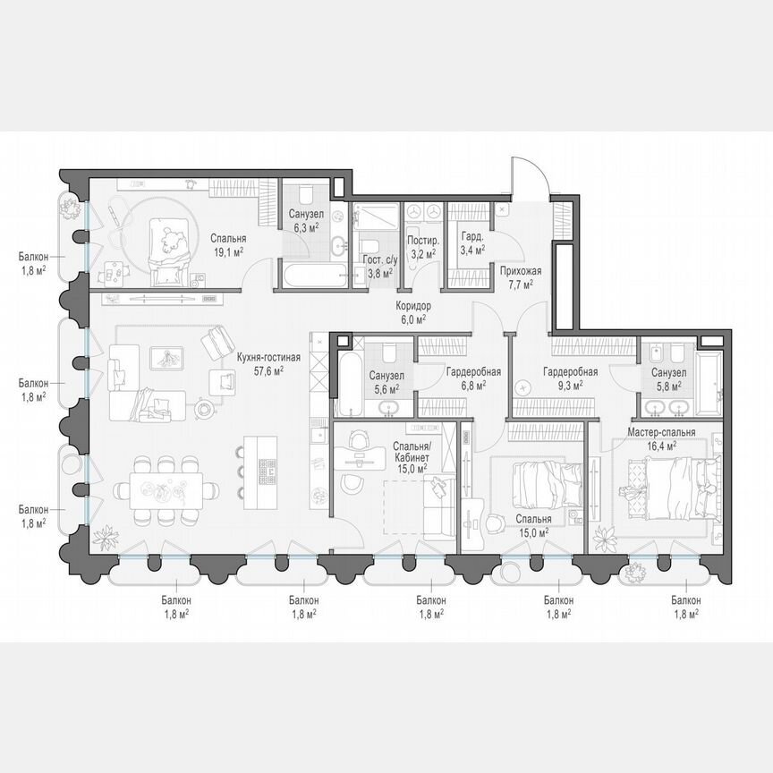 4-к. квартира, 184,3 м², 8/13 эт.