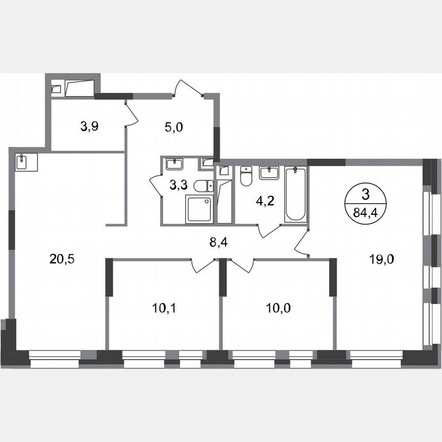 3-к. квартира, 84,4 м², 16/20 эт.