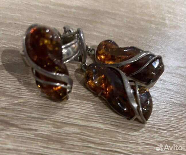 Кольцо, серьги янтарь
