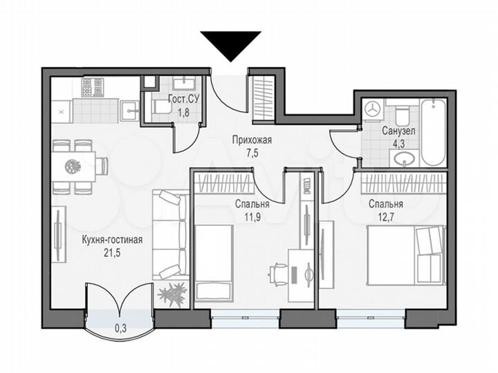 2-к. квартира, 59,7 м², 8/21 эт.