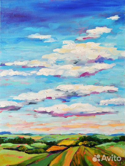 Картина маслом летний пейзаж поле небо облака