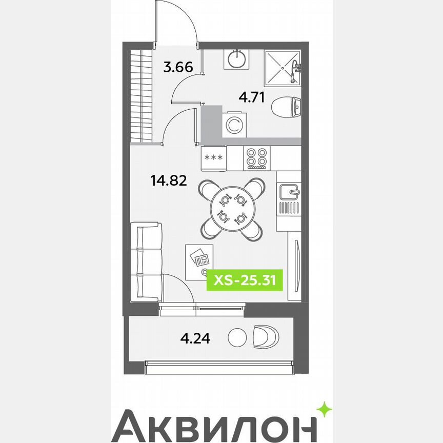 Квартира-студия, 25,3 м², 4/12 эт.