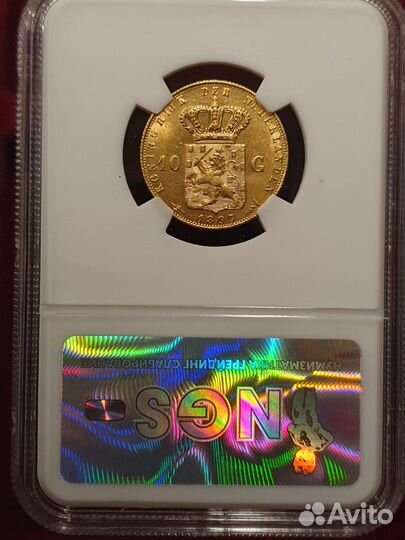 Нидерланды 10 гульденов 1897Слаб NGS MS63 золото