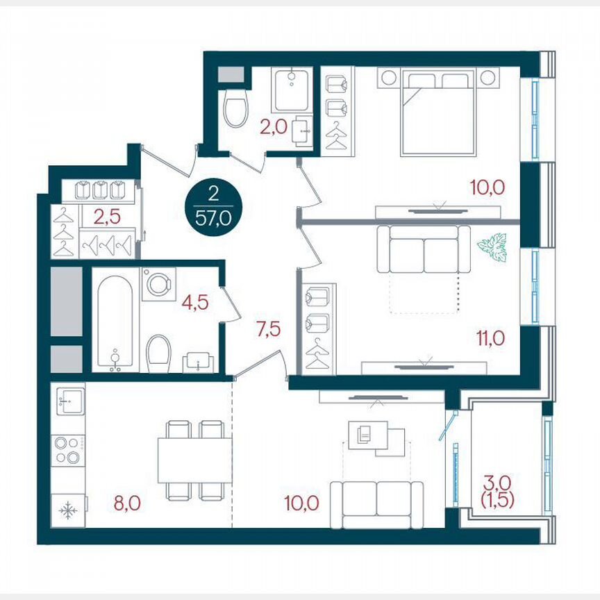 2-к. квартира, 57 м², 30/32 эт.