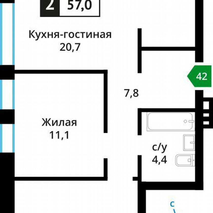 2-к. квартира, 57 м², 4/6 эт.