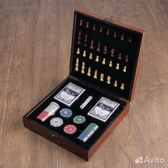 Набор 2в1 шахматы покер 100 фиш, куб 5шт, 24*24см