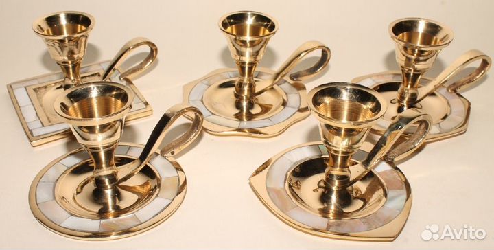 Набор из 5 Латунных Подсвечников. Перламутр. Ретро