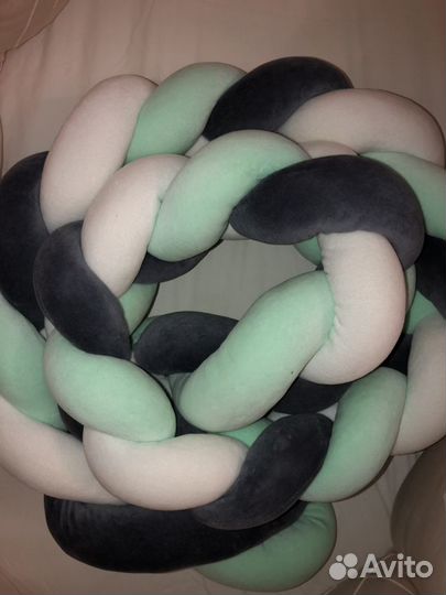 Коса бортик в круглую кроватку мята-белый-серый