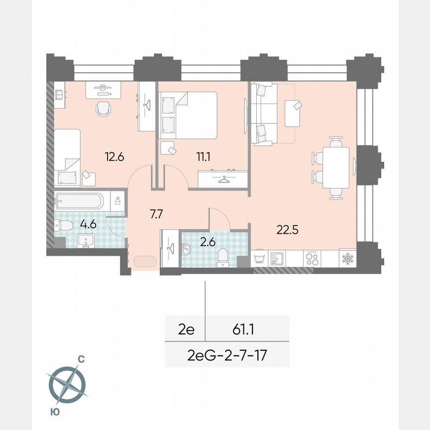 2-к. квартира, 61,1 м², 10/43 эт.