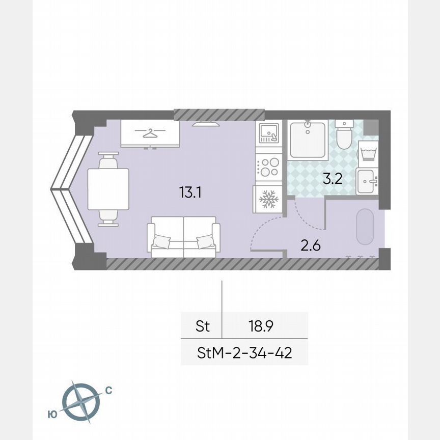 Квартира-студия, 18,9 м², 34/43 эт.