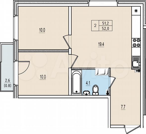 2-к. квартира, 52 м², 6/13 эт.