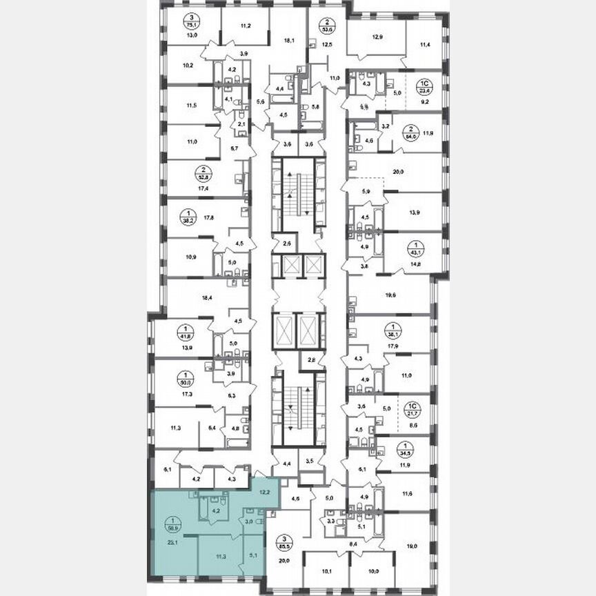 1-к. квартира, 58,9 м², 2/20 эт.