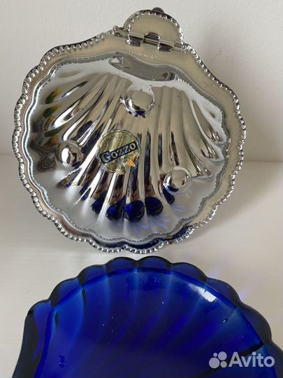 Икорница ракушка, металл/стекло