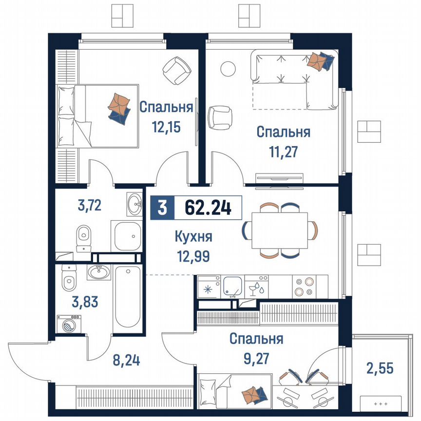 3-к. квартира, 62,2 м², 11/18 эт.