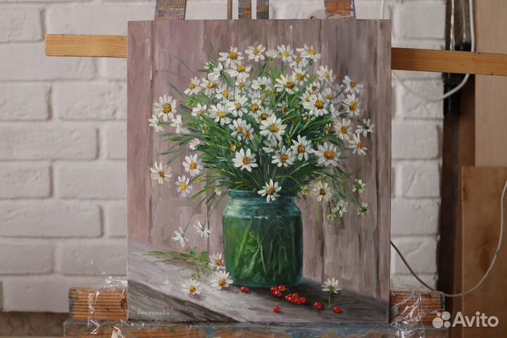 Картина маслом Цветы Ромашки 35x40см холст картон