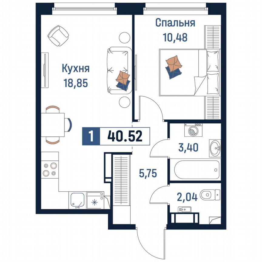 1-к. квартира, 40,5 м², 14/18 эт.