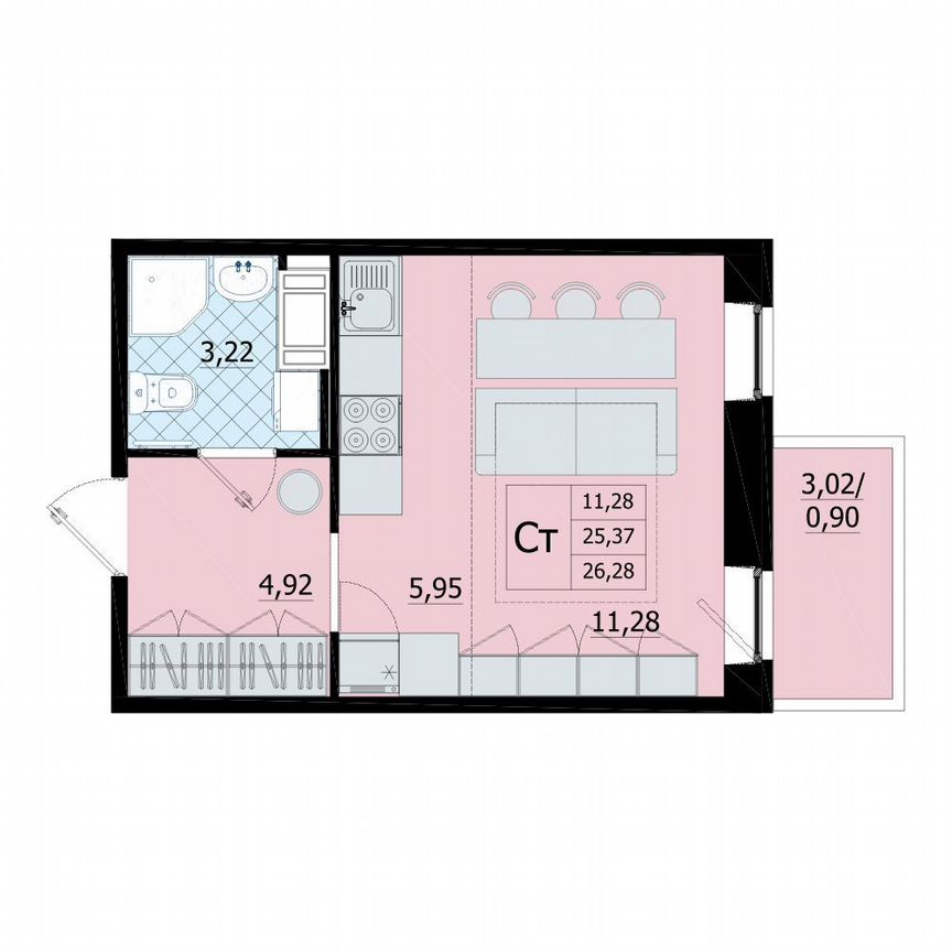 Квартира-студия, 26,3 м², 9/9 эт.