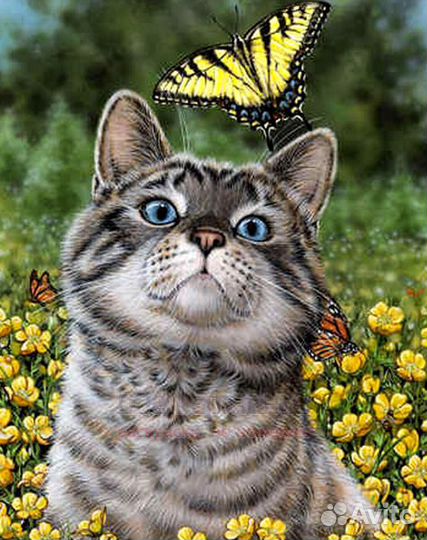 Алмазная мозаика 21x25 Полосатый кот среди желтых