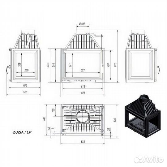 Каминная топка Kratki Zuzia/LP стекло слева-справа