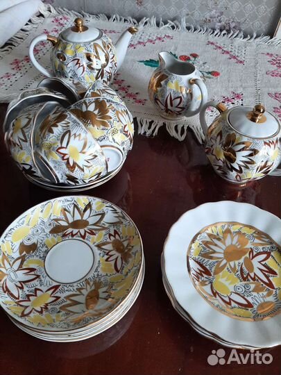 Чайный сервиз лфз костяной фарфор золотые ромашки