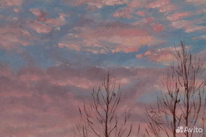 Картина зимний пейзаж закат 40х50