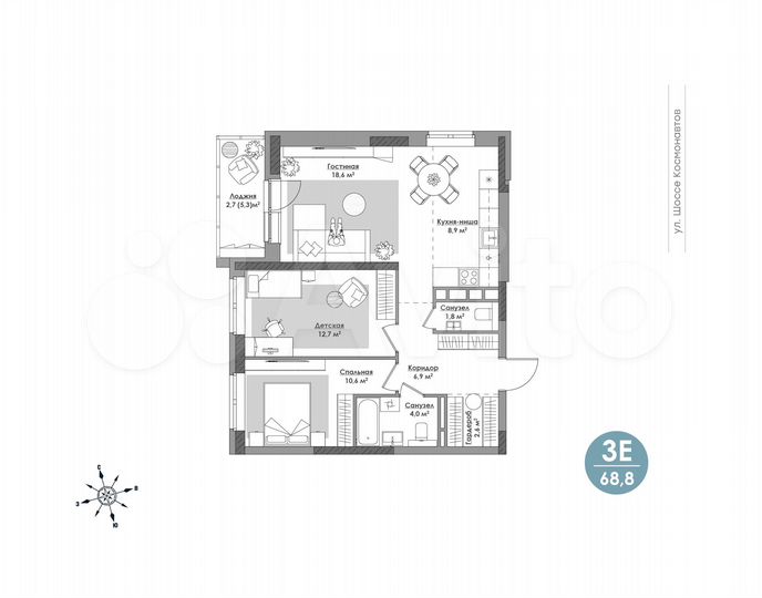 3-к. квартира, 68,8 м², 21/24 эт.
