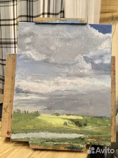 Картина маслом на холсте пейзаж поле озеро сосна