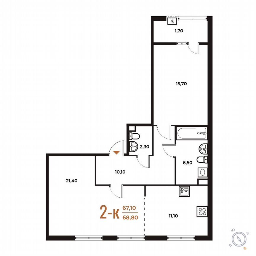 2-к. квартира, 68,8 м², 2/8 эт.